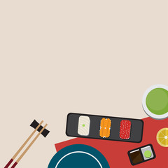 Japanese food time set with squid, urchins, salmon roe sushi, soy sauce, lemon and green tea. Template for wallpaper, banner, website, cover and decorations. Top view flat style vector illustration. 