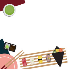 Japanese food time set with tuna, squid, omelette, hand roll sushi, soy sauce and green tea. Template for wallpaper, banner, website, cover and decorations. Top view flat style vector illustration. 