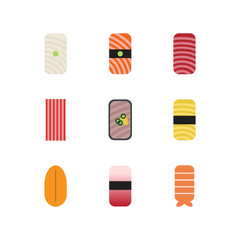 Sushi icon set design with squid, slamon sashimi, tuna, crab meal, omelette, ีurchin eggs, yellowtail and prawn. Flat style, Vector illustration.