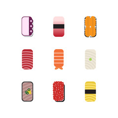 Sushi icon set design with octopus, tuna, urchins, shimp, squid, salmon roe and omelette. Flat style, Vector illustration. 