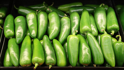 Jalapeño Peppers on display in produce section grocery store