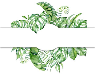 Tropical watercolor leaves banner on white background. Exotic floral designs. Hand drawn illustration