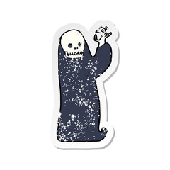 retro distressed sticker of a cartoon waving halloween ghoul