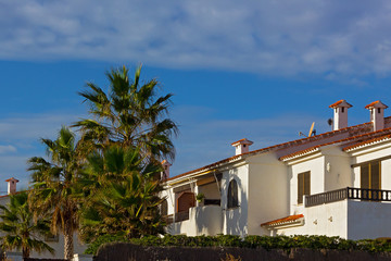 Fototapeta na wymiar A row of Mediterranean beach summer cottages under blue sky. Palm trees and painted in white houses with tiled roofs.