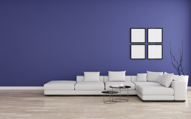 View of living room space with white sofa set and picture frame on blue wall and bright laminate floor.Perspective of modern Interior design. 3d rendering.