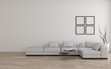 View of living room space with white sofa set and picture frame on white wall and bright laminate floor.Perspective of modern Interior design. 3d rendering.