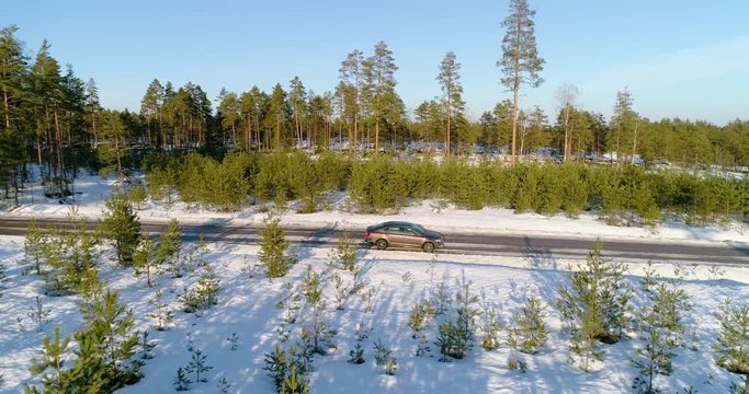 Car on a snowy forest road, C4k aerial, reverse, drone shot, away from a vehicle parked, on the side of a route, between snowless trees on a sunny, spring day, in Tejio national park, in Finland
