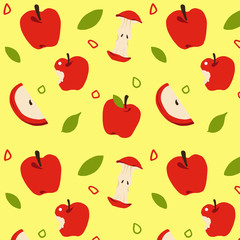 Colorful pattern with fresh red apple, sliced piece and leaves, cute tropical fruits background set with simple design for summer. Vector Illustration.