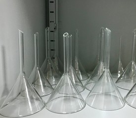 Glass funnel in chemical laboratory