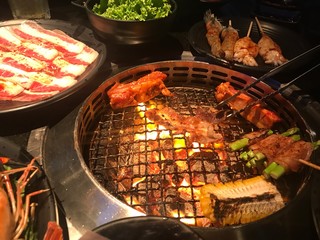 Seafood and meat on the Barbecue grill