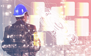 Double exposure engineer man wearing helmet standing with industrial technology icons for and gas industry background.