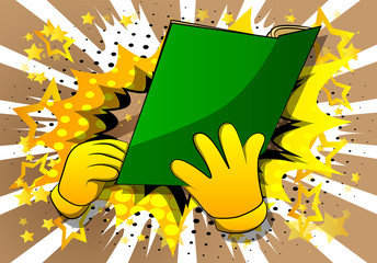 Vector cartoon hand holding a book. Illustrated hand on comic book background.