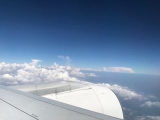 wing of airplane flying above clouds