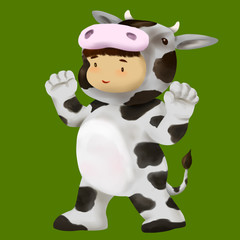 Illustration of kid in animal costume, kid in cow costume
