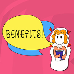 Word writing text Benefits. Business photo showcasing Advantage Insurance Compensation Interest Revenue Gain Aid
