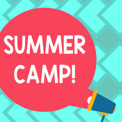 Text sign showing Summer Camp. Business photo text Place where children make vacation activities Blank Round Color Speech Bubble Coming Out of Megaphone for Announcement