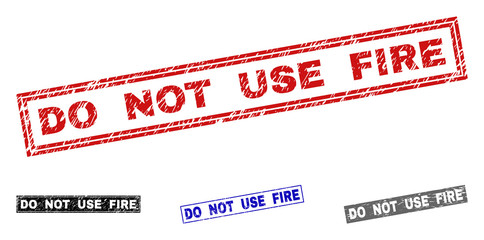 Grunge DO NOT USE FIRE rectangle stamp seals isolated on a white background. Rectangular seals with grunge texture in red, blue, black and grey colors.