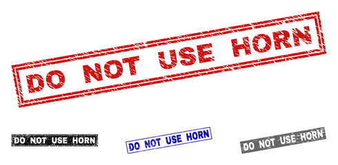 Grunge DO NOT USE HORN rectangle stamp seals isolated on a white background. Rectangular seals with grunge texture in red, blue, black and grey colors.