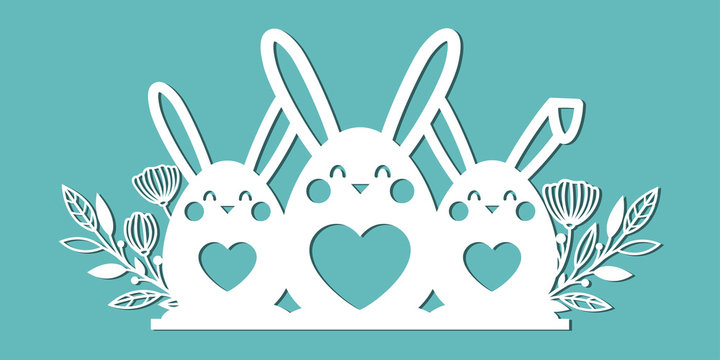 Three rabbits. Easter template . Vector image for cutting paper, laser cutting and plotter. 