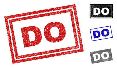 Grunge DO rectangle stamp seals isolated on a white background. Rectangular seals with grunge texture in red, blue, black and grey colors. Vector rubber imprint of DO caption inside rectangle borders.