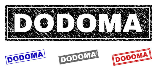 Grunge DODOMA rectangle stamp seals isolated on a white background. Rectangular seals with grunge texture in red, blue, black and grey colors.