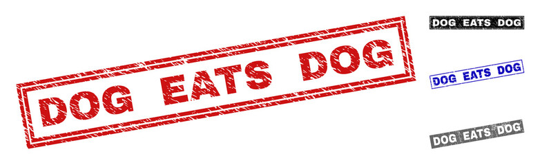 Grunge DOG EATS DOG rectangle stamp seals isolated on a white background. Rectangular seals with grunge texture in red, blue, black and gray colors.