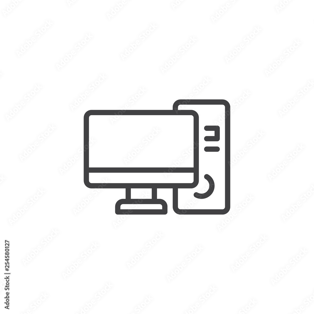 Poster desktop computer and monitor line icon. linear style sign for mobile concept and web design. pc comp