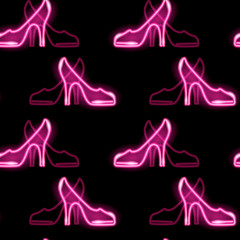 Seamless pattern with neon icon of pink female high-heel shoes on dark background. Fashion, women, girly, shopping concept. Vector 10 EPS illustration.