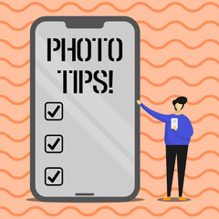Word writing text Photo Tips. Business photo showcasing Suggestions to take good pictures Advices for great photography
