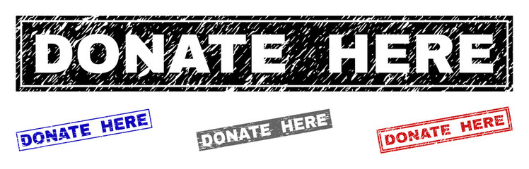 Obraz premium Grunge DONATE HERE rectangle stamp seals isolated on a white background. Rectangular seals with grunge texture in red, blue, black and grey colors.