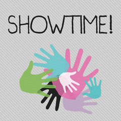 Conceptual hand writing showing Showtime. Concept meaning Time a Play Film Concert Perforanalysisce Event is scheduled to start