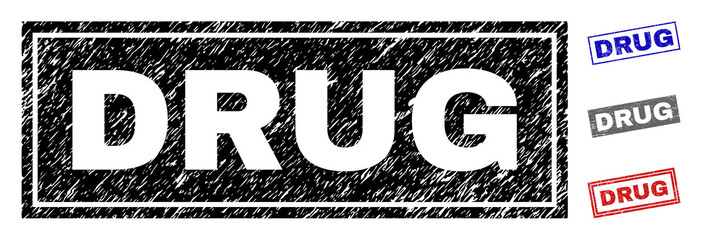 Grunge DRUG rectangle stamp seals isolated on a white background. Rectangular seals with grunge texture in red, blue, black and grey colors.