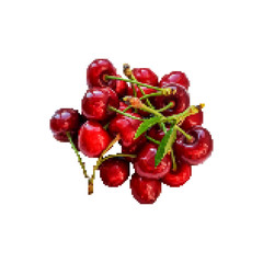 Mosaic red fresh cherries. Polygonal berry. Cherries at farmers market. Fresh organic fruit. Low poly style. Vector pixel art.