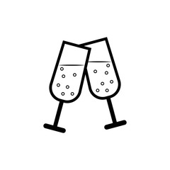 Vector line icon. Wedding toast, wine glasses. Silhouette glasses champagne with bubbles for illustration of alcoholic drinks, sparkling wine and celebration. Symbol romantic.