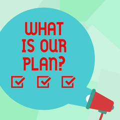 Conceptual hand writing showing What Is Our Planquestion. Concept meaning Mission Purpose Agenda Strategize Brainstorming Round Speech Bubble Coming Out of Megaphone for Announcement