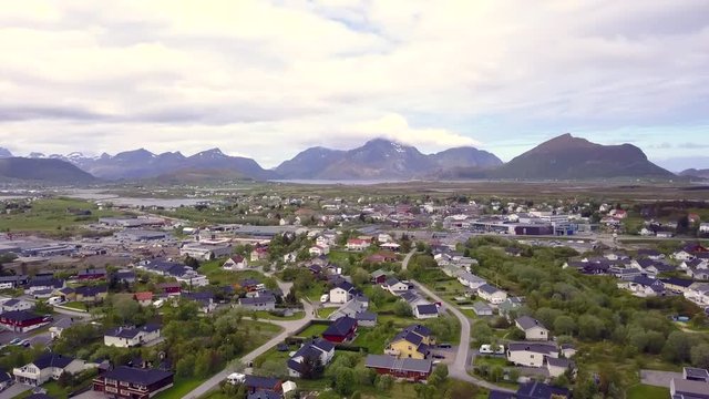 Aerial view of Leknes with constructions, cars and streets, Lofoten Archipelago, Norway