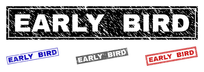 Grunge EARLY BIRD rectangle stamp seals isolated on a white background. Rectangular seals with distress texture in red, blue, black and grey colors.