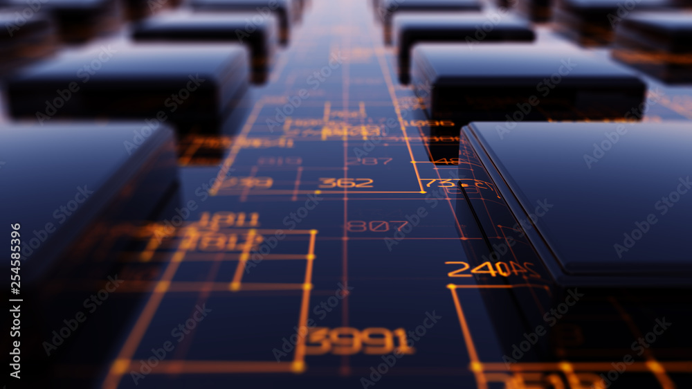 Poster Abstract illustration of a data processing channel. Motion of digital data flow. Transferring of big data. Data processing. Transfer and storage of data sets