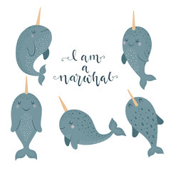 Set of cute vector illustration with narwhal baby for baby wear and invitation card. - obrazy, fototapety, plakaty