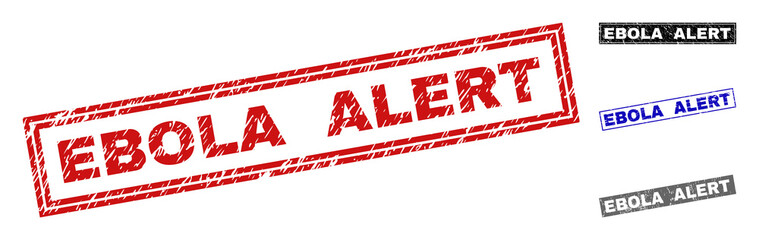 Grunge EBOLA ALERT rectangle stamp seals isolated on a white background. Rectangular seals with grunge texture in red, blue, black and grey colors.