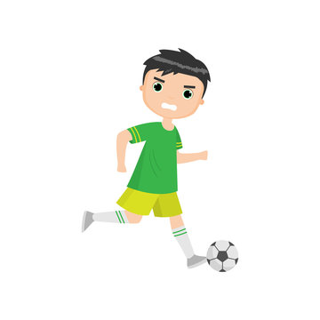 Angry boy playing soccer isolated against white background