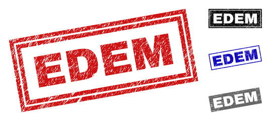 Grunge EDEM rectangle stamp seals isolated on a white background. Rectangular seals with grunge texture in red, blue, black and grey colors.