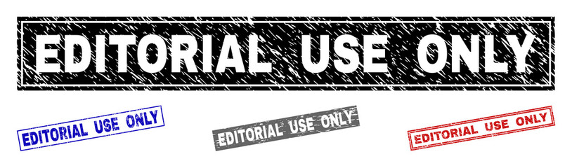 Grunge EDITORIAL USE ONLY rectangle stamp seals isolated on a white background. Rectangular seals with grunge texture in red, blue, black and gray colors.