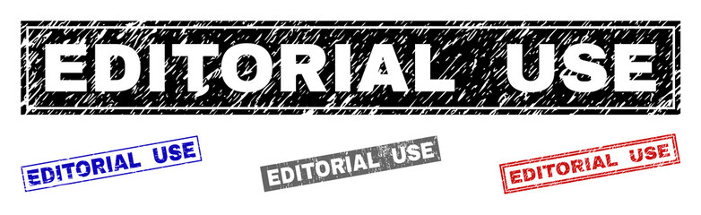 Grunge EDITORIAL USE rectangle stamp seals isolated on a white background. Rectangular seals with grunge texture in red, blue, black and gray colors.