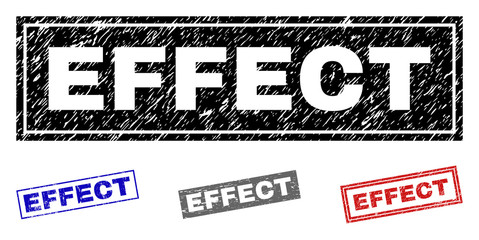 Grunge EFFECT rectangle stamp seals isolated on a white background. Rectangular seals with distress texture in red, blue, black and gray colors.