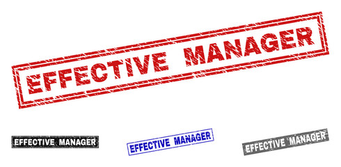 Grunge EFFECTIVE MANAGER rectangle stamp seals isolated on a white background. Rectangular seals with grunge texture in red, blue, black and gray colors.