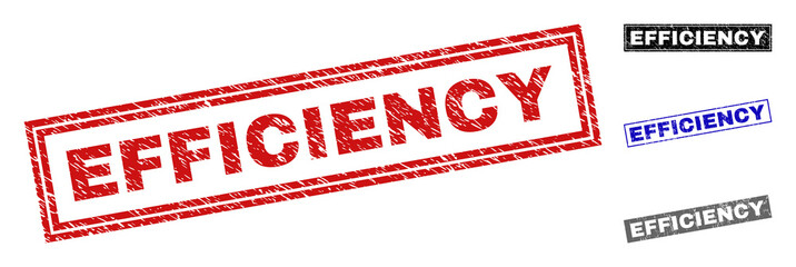 Grunge EFFICIENCY rectangle stamp seals isolated on a white background. Rectangular seals with grunge texture in red, blue, black and gray colors.