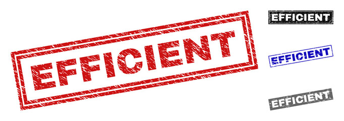 Grunge EFFICIENT rectangle stamp seals isolated on a white background. Rectangular seals with distress texture in red, blue, black and gray colors.