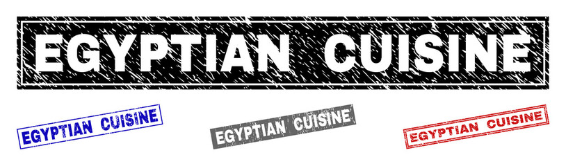 Grunge EGYPTIAN CUISINE rectangle stamp seals isolated on a white background. Rectangular seals with distress texture in red, blue, black and gray colors.