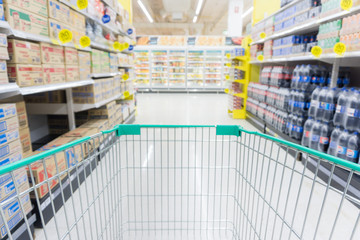 Abstract blurred row of goods in modern trade supermarket